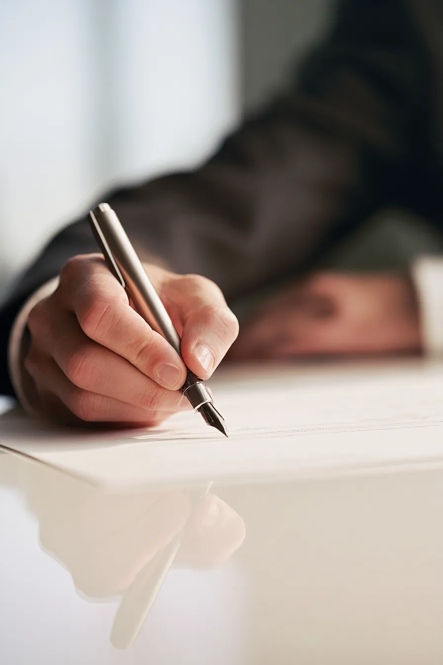 Close-up of a hand signing a personal loan agreement with a silver pen