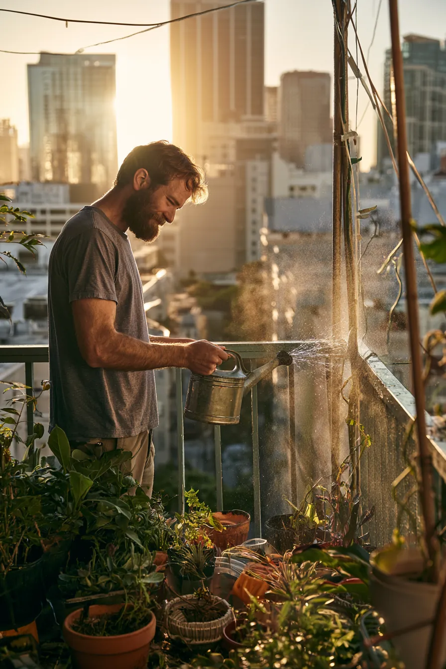 Man watering balcony plants at sunrise, questions settled before the day begins