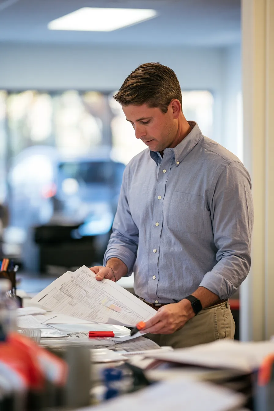 Borrower reviewing a printed statement with a highlighter before consolidating balances