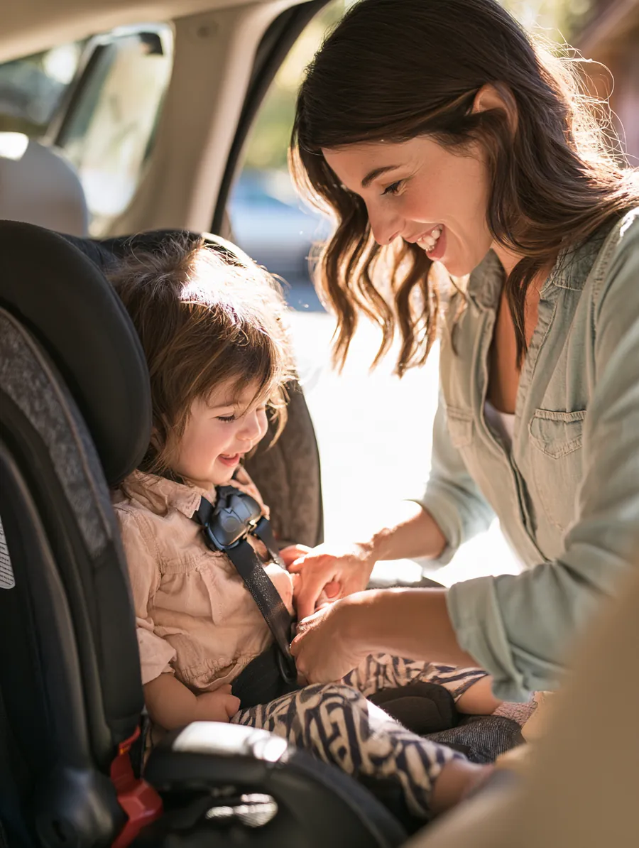 Mother buckling her child into a car seat, the commute a financed repair protects