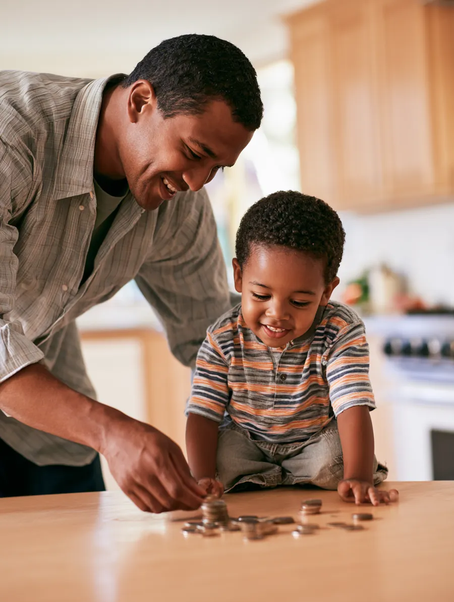 Father teaching his son to count coins, the arithmetic behind every personal loan
