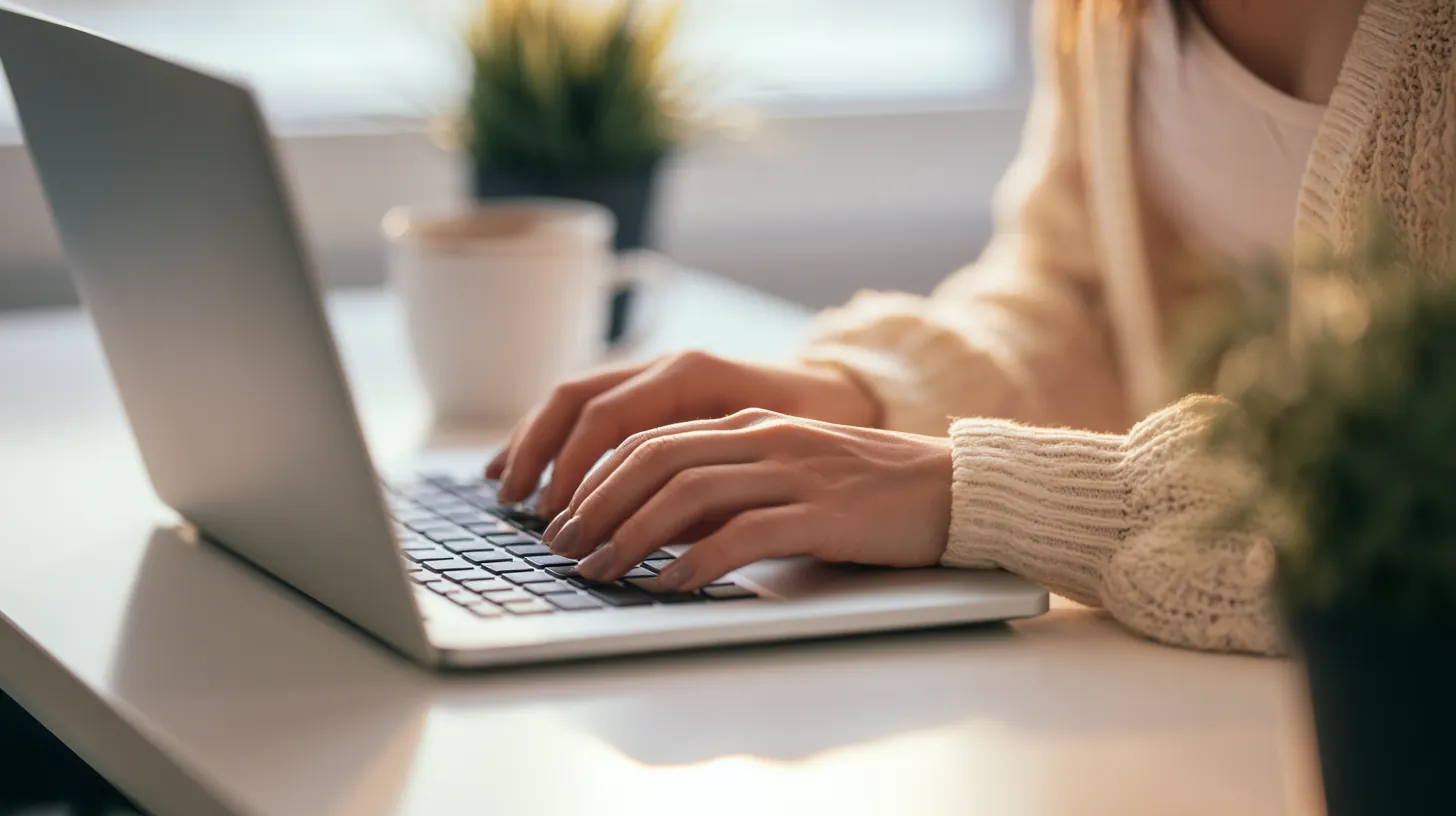 Hands completing a flex loans online request form on a laptop at a tidy desk