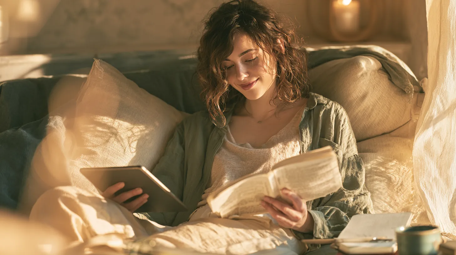 Reader with a tablet in a sunlit nook working through borrowing guides