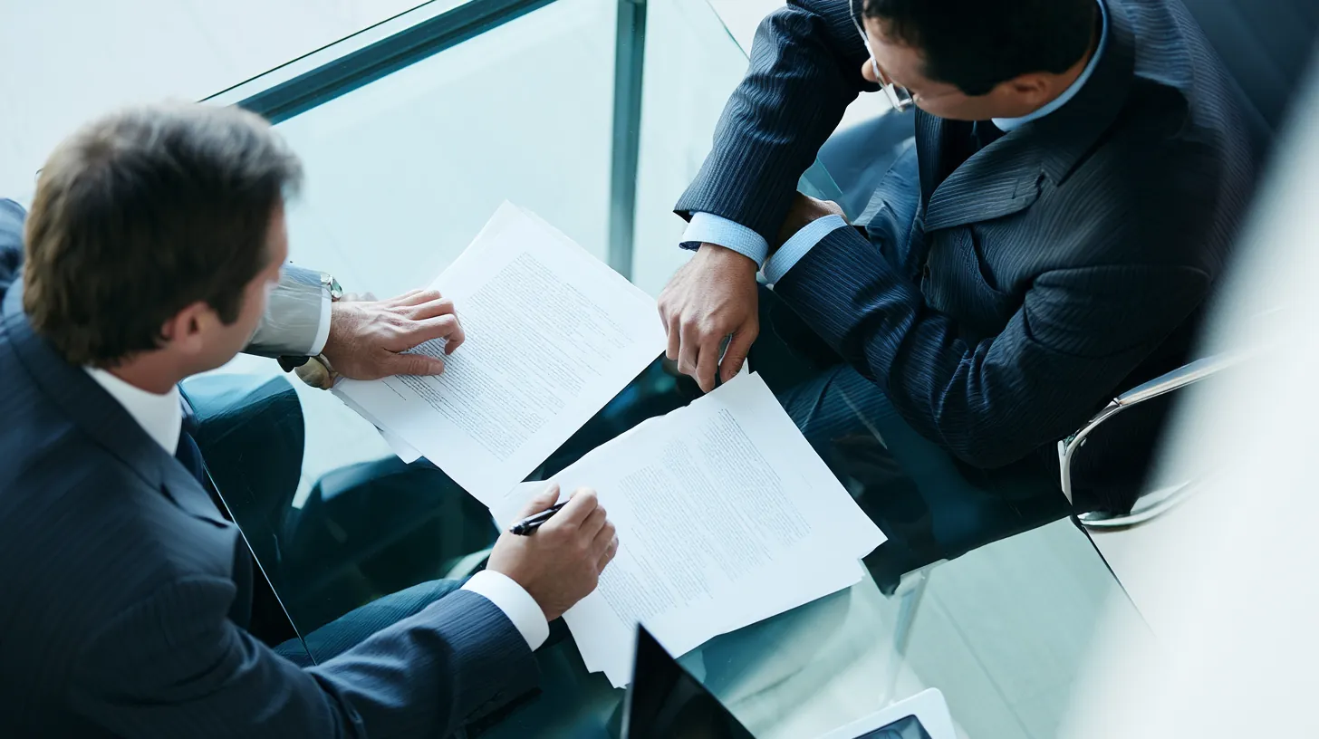 Two colleagues comparing lender documents side by side on a conference table