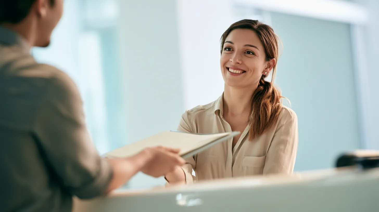 Applicant handing a folder of eligibility documents across a bright reception counter