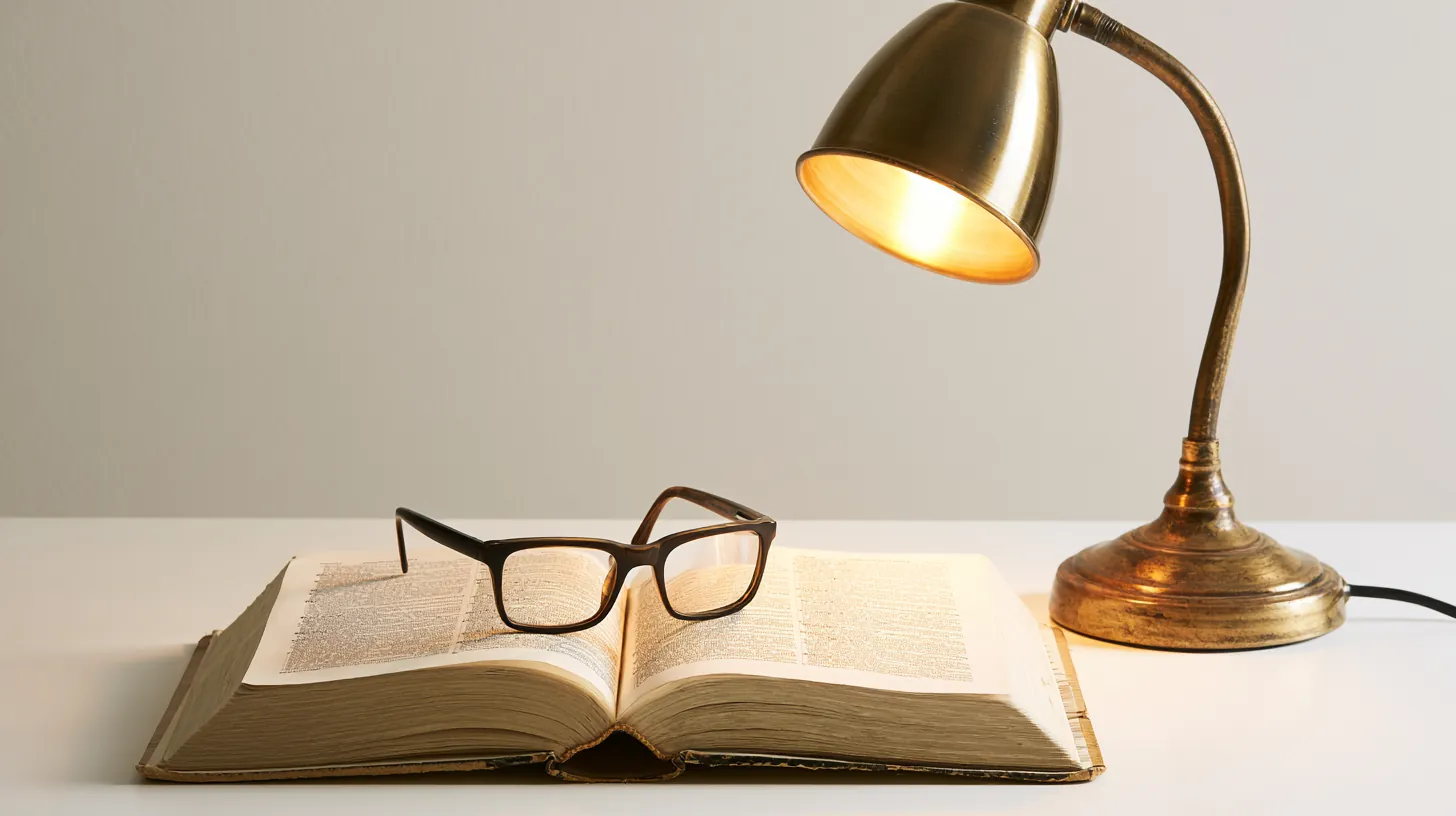 Open reference book with reading glasses under a warm desk lamp